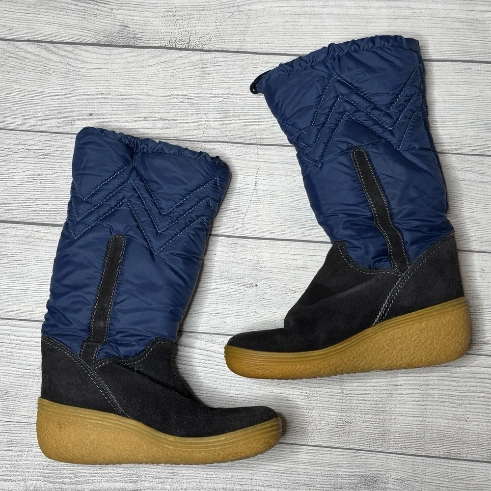 Meribell Black‎ Suede Blue Nylon Wedge Gum Sole Snow Boots Italy Size 40